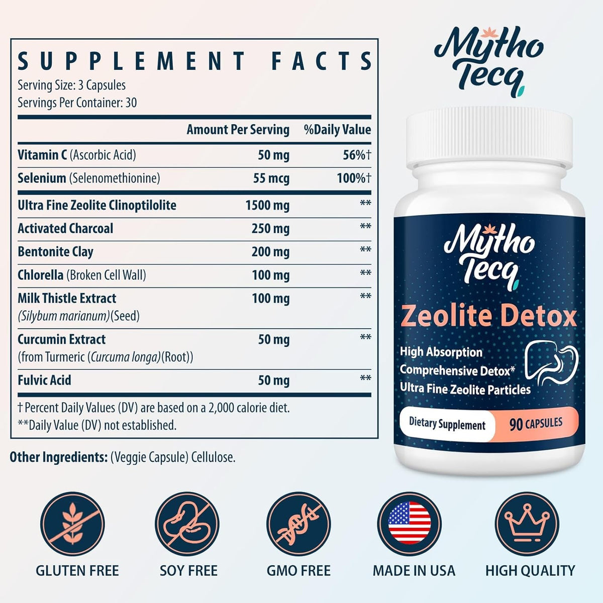 2300mg Zeolite Detox Capsules – Activated Charcoal and Bentonite Clay, Highly Absorbable for Whole Body, Liver and Intestinal Absorption, Clinoptilolite Zeolite (90 Capsules)